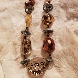 Treska Earthy colors, Animal Print   Beaded Necklace 22" Acrylic Silver Tone